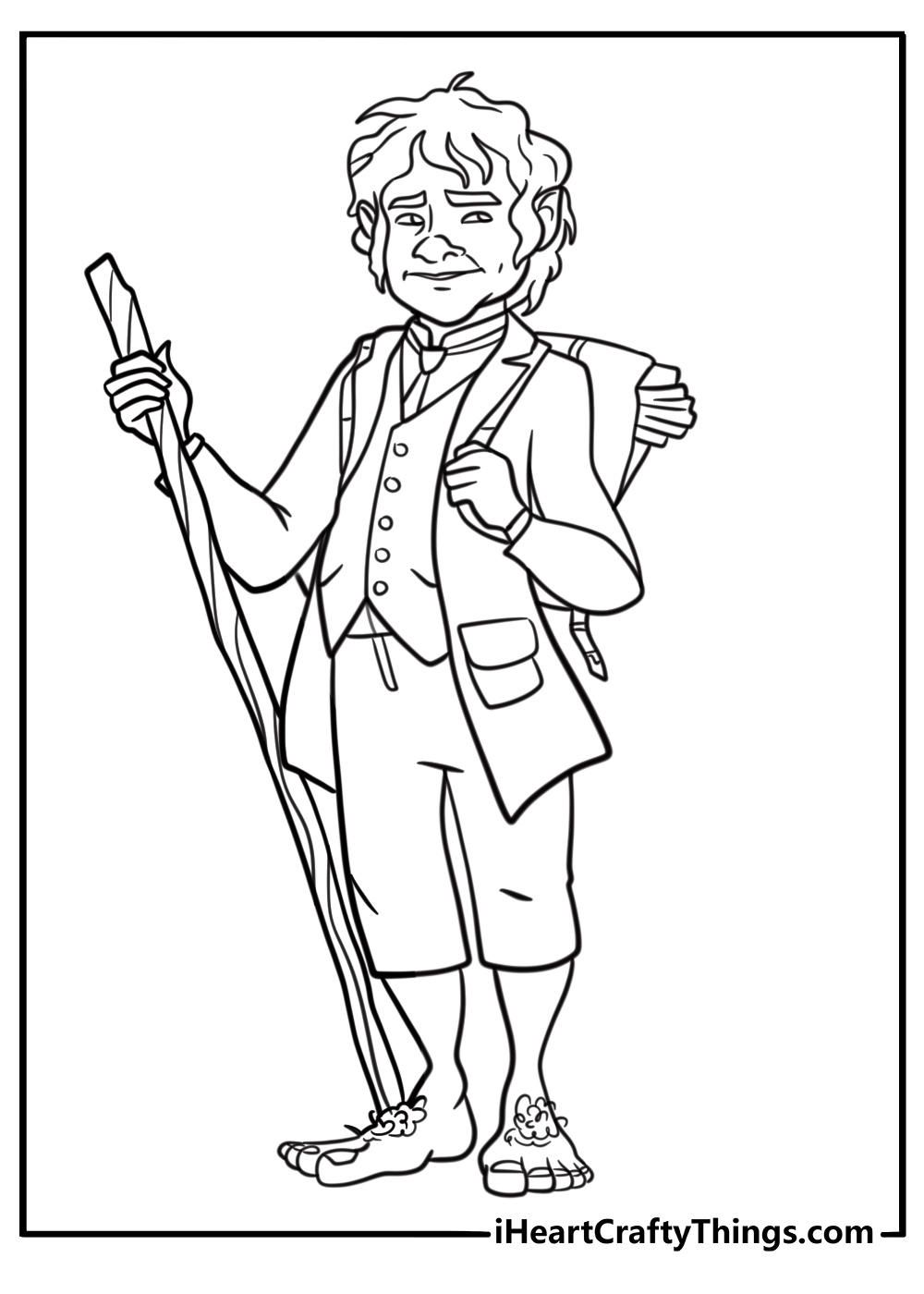 Bilbo Baggins with his walking stick coloring page