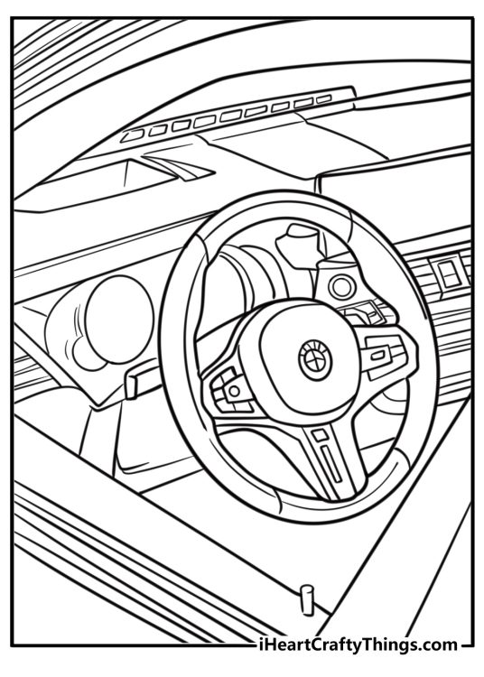 BMW dashboard and steering wheel detailed coloring sheet