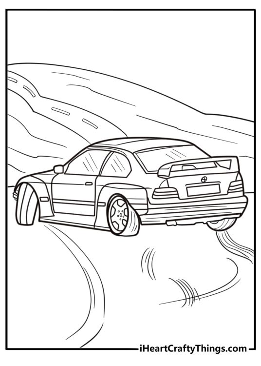 BMW drifting on a racetrack free coloring page pdf