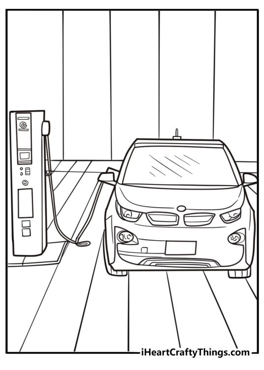 BMW electric car charging at a station printable coloring page