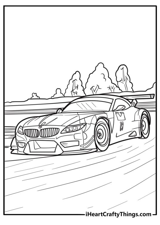 BMW race car in motion fun printable coloring sheet
