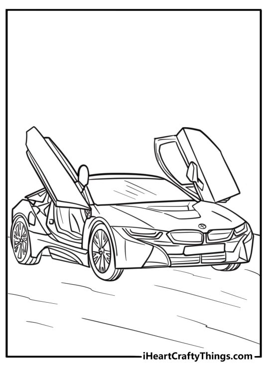 BMW sports car with open doors free printable coloring page