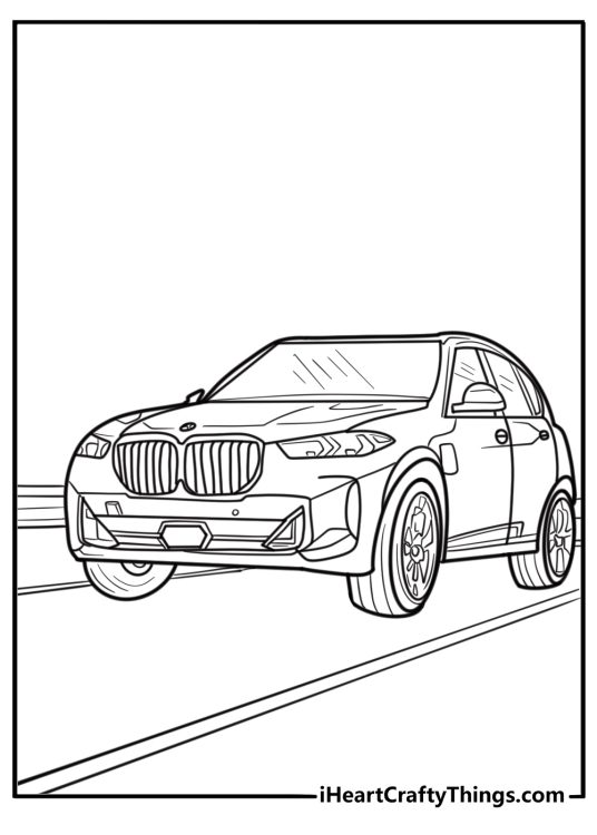 BMW suv driving on the road free coloring page pdf