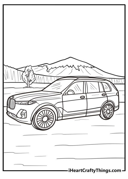BMW x7 luxury suv on a mountain road detailed coloring sheet