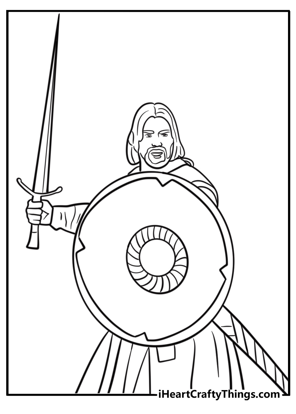 Boromir holding his shield detailed printable coloring sheet