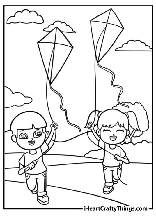 Boy and girl running while flying kites fun printable sheet