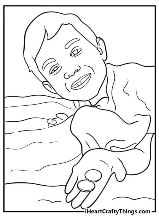 Boy excited to find money under his pillow fun coloring sheet