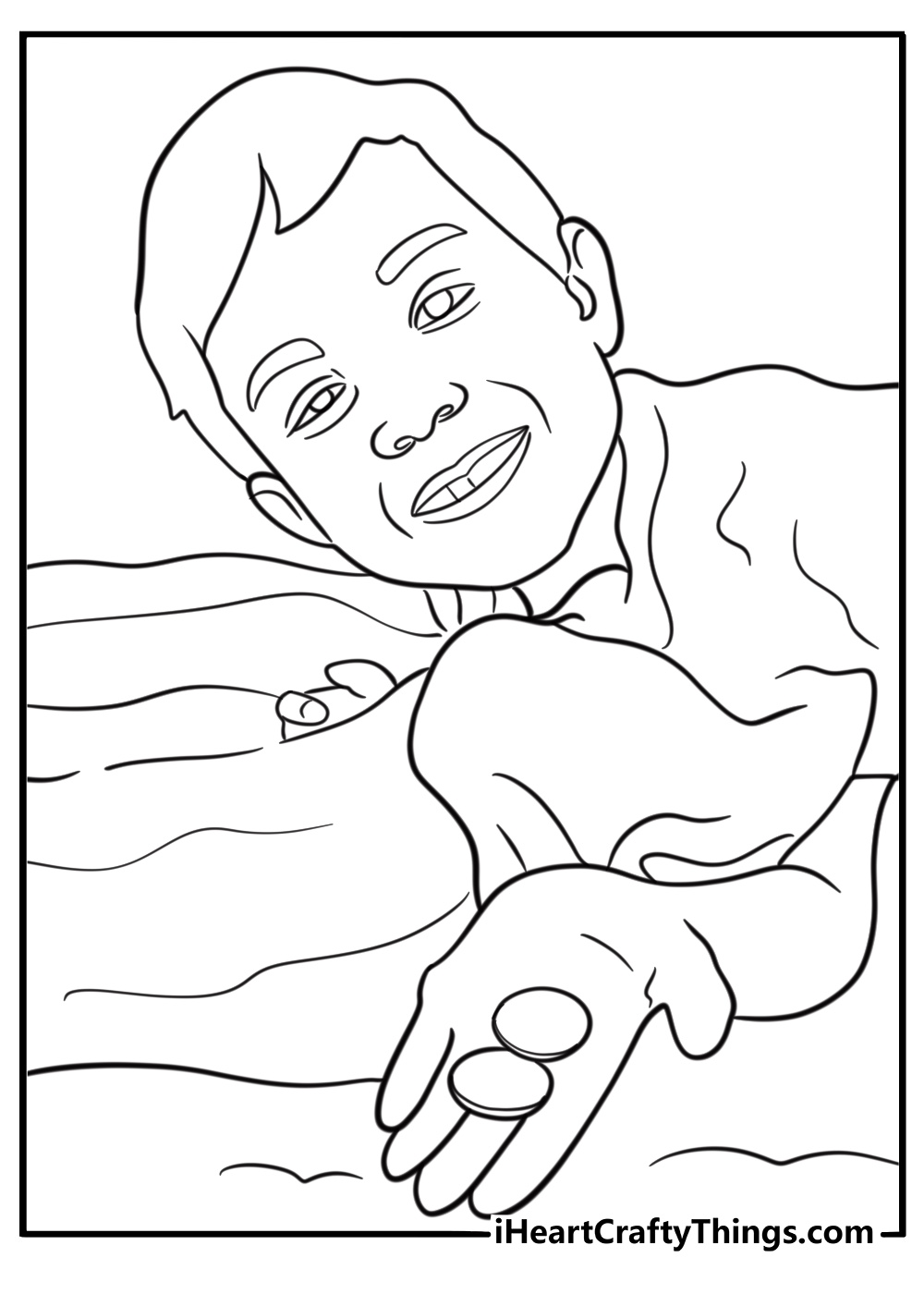 Boy excited to find money under his pillow fun coloring sheet