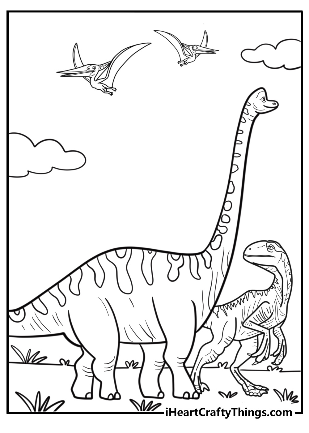 Brachiosaurus and other dinosaurs in a jungle scene coloring page