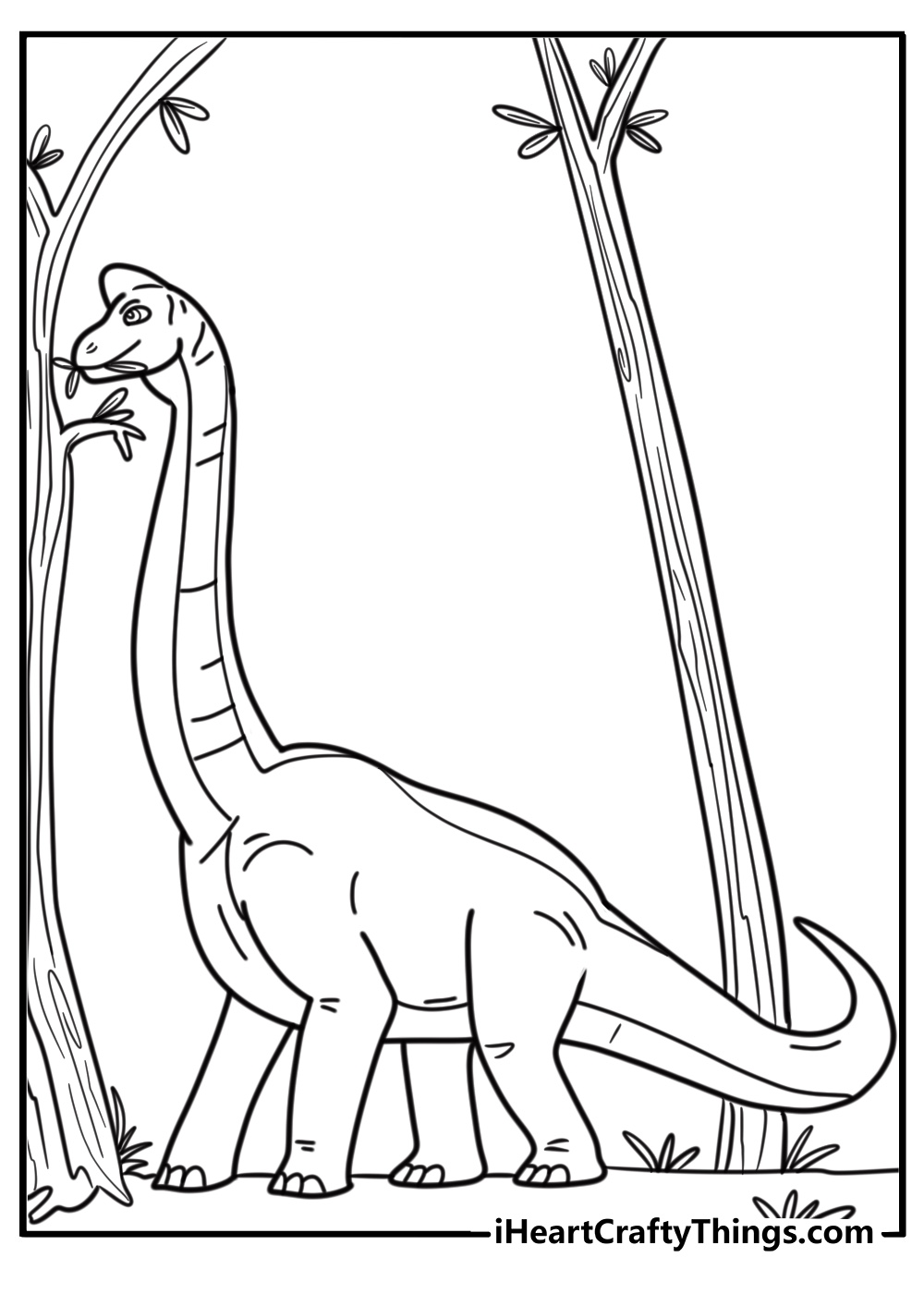 Brachiosaurus eating leaves from a tree detailed coloring sheet