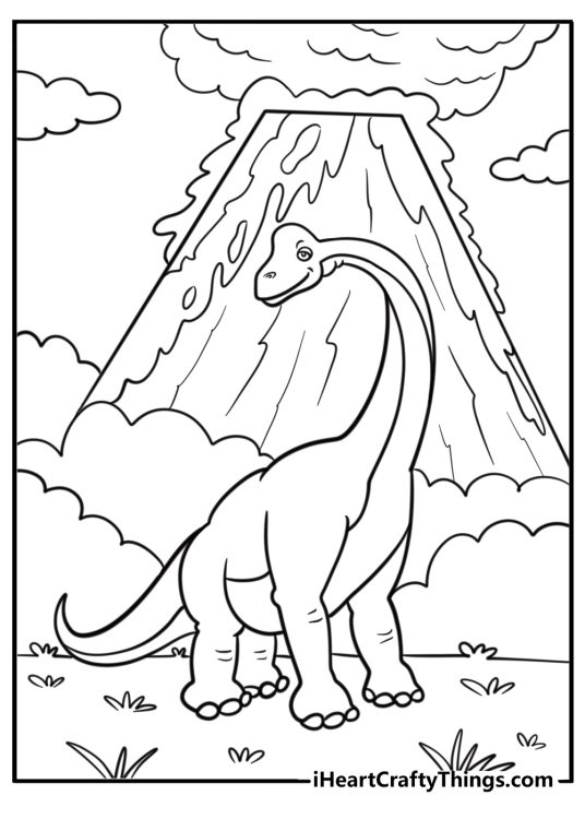Brachiosaurus next to a volcano detailed coloring sheet