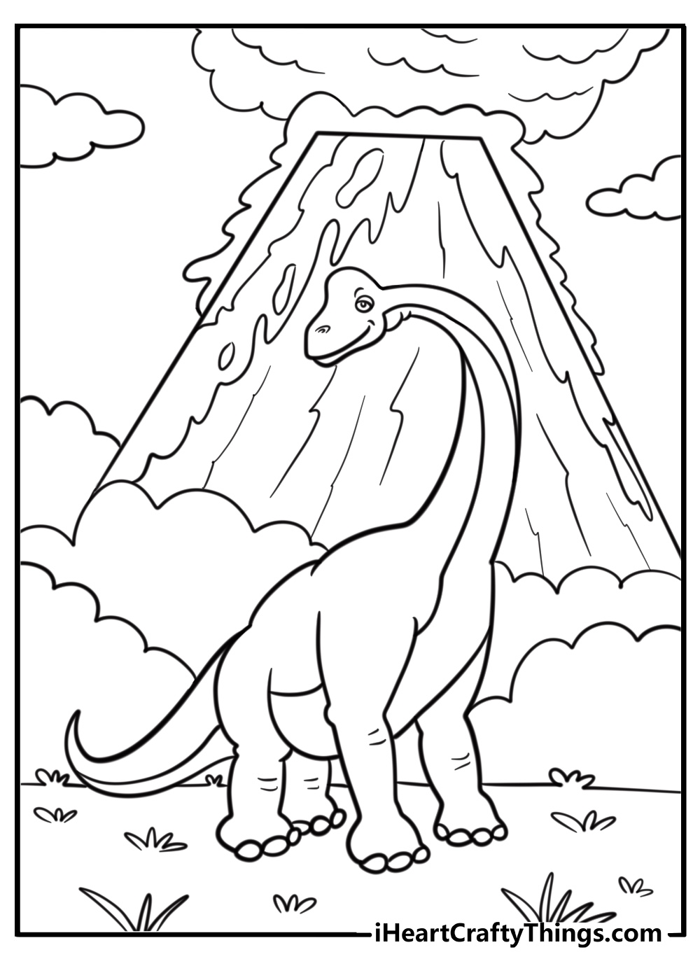 Brachiosaurus next to a volcano detailed coloring sheet