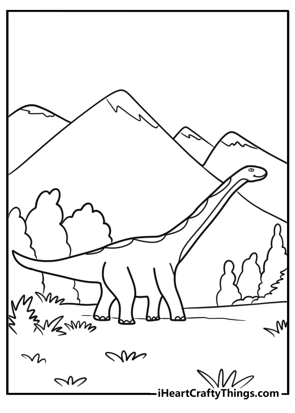 Brachiosaurus standing by mountains and trees free coloring page pdf