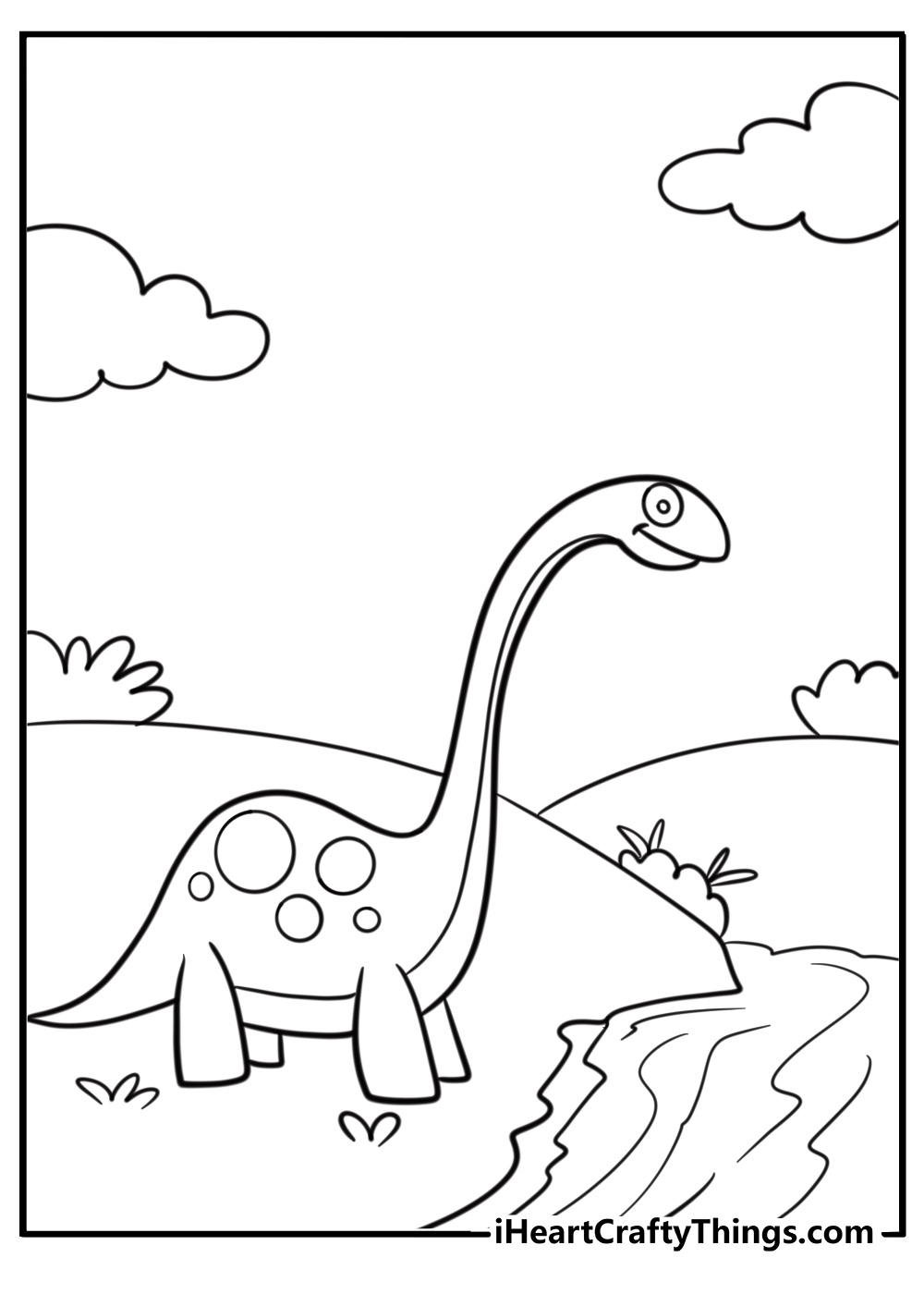 Brachiosaurus standing near a river fun coloring sheet for kids