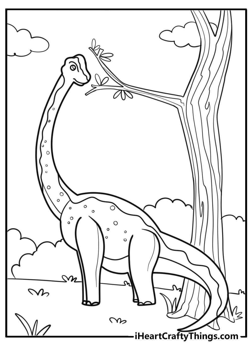 Brachiosaurus stretching its neck to reach tall branches coloring page