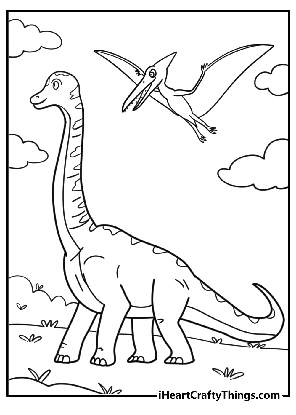 Brachiosaurus under a clear sky with flying pterodactyls detailed sheet