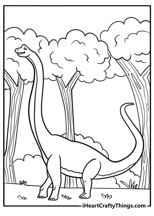 Brachiosaurus walking through a prehistoric forest coloring page