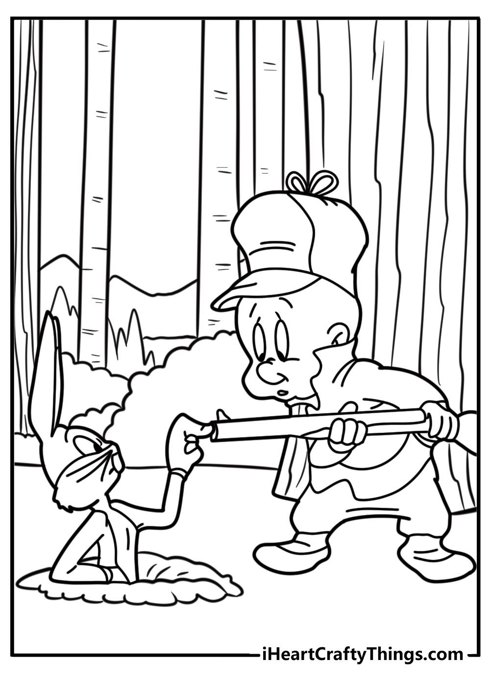 Bugs Bunny and Elmer Fudd in a forest scene coloring page