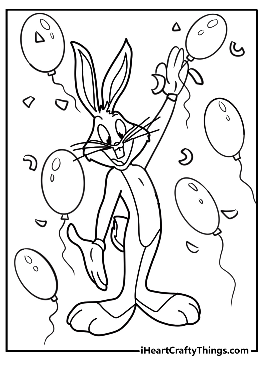 Bugs Bunny celebrating with confetti and balloons printable page