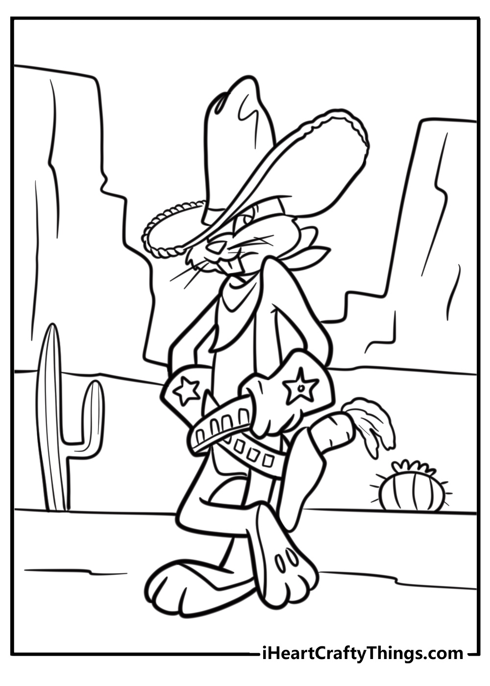 Bugs bunny dressed as a cowboy in the wild west coloring page