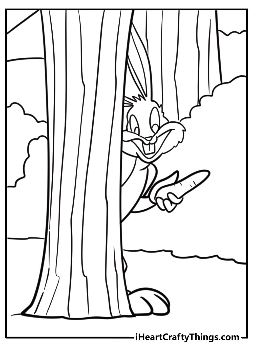 Bugs bunny hiding behind a tree from elmer fudd coloring page