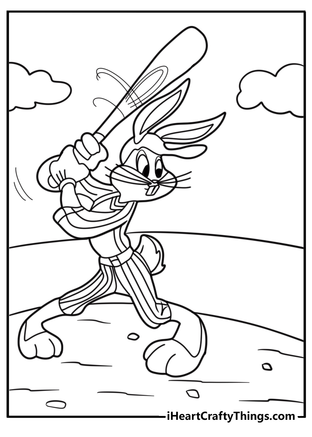 Bugs bunny in a baseball uniform swinging a bat coloring sheet