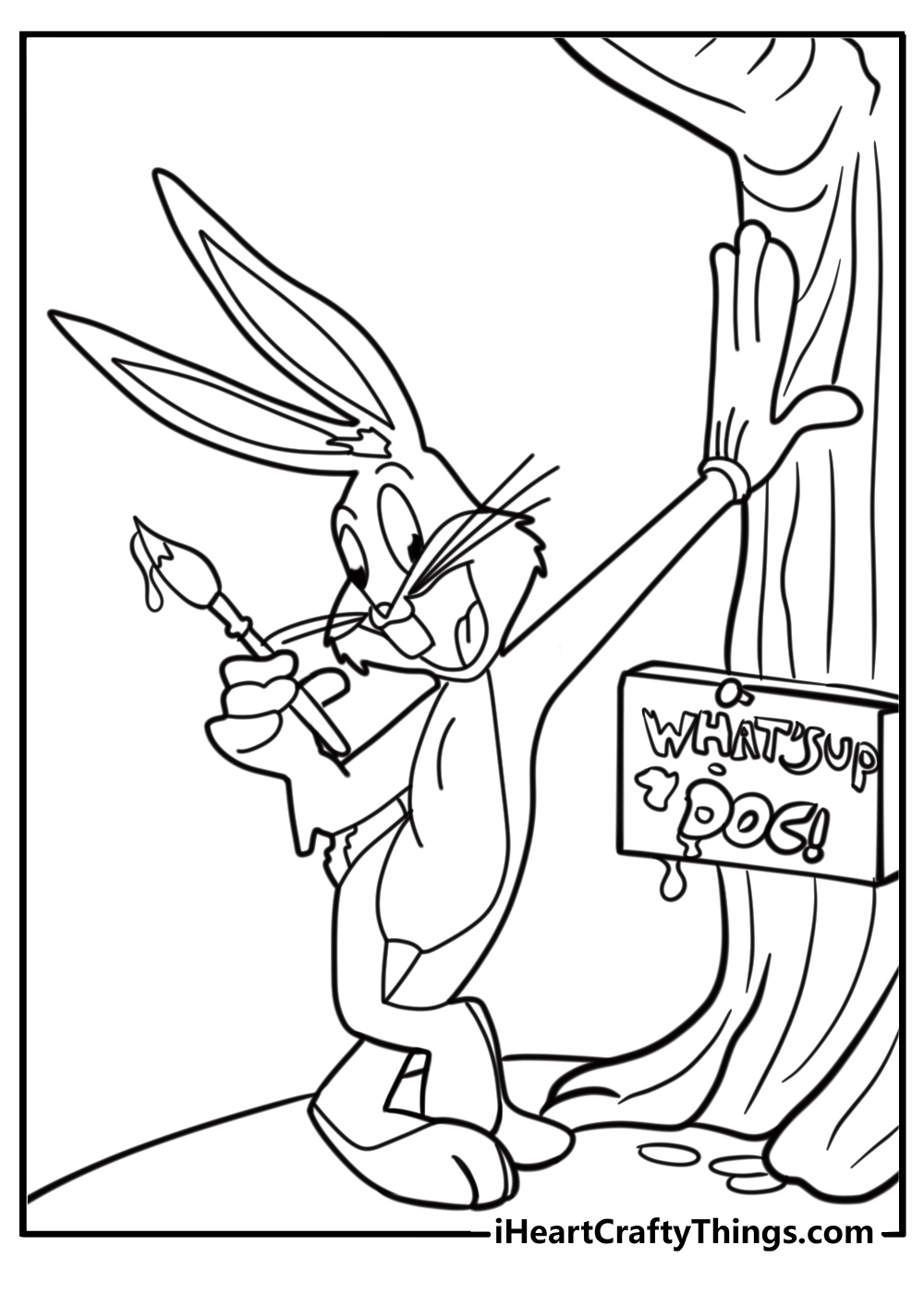 Bugs bunny painting a sign in a classic cartoon scene coloring sheet