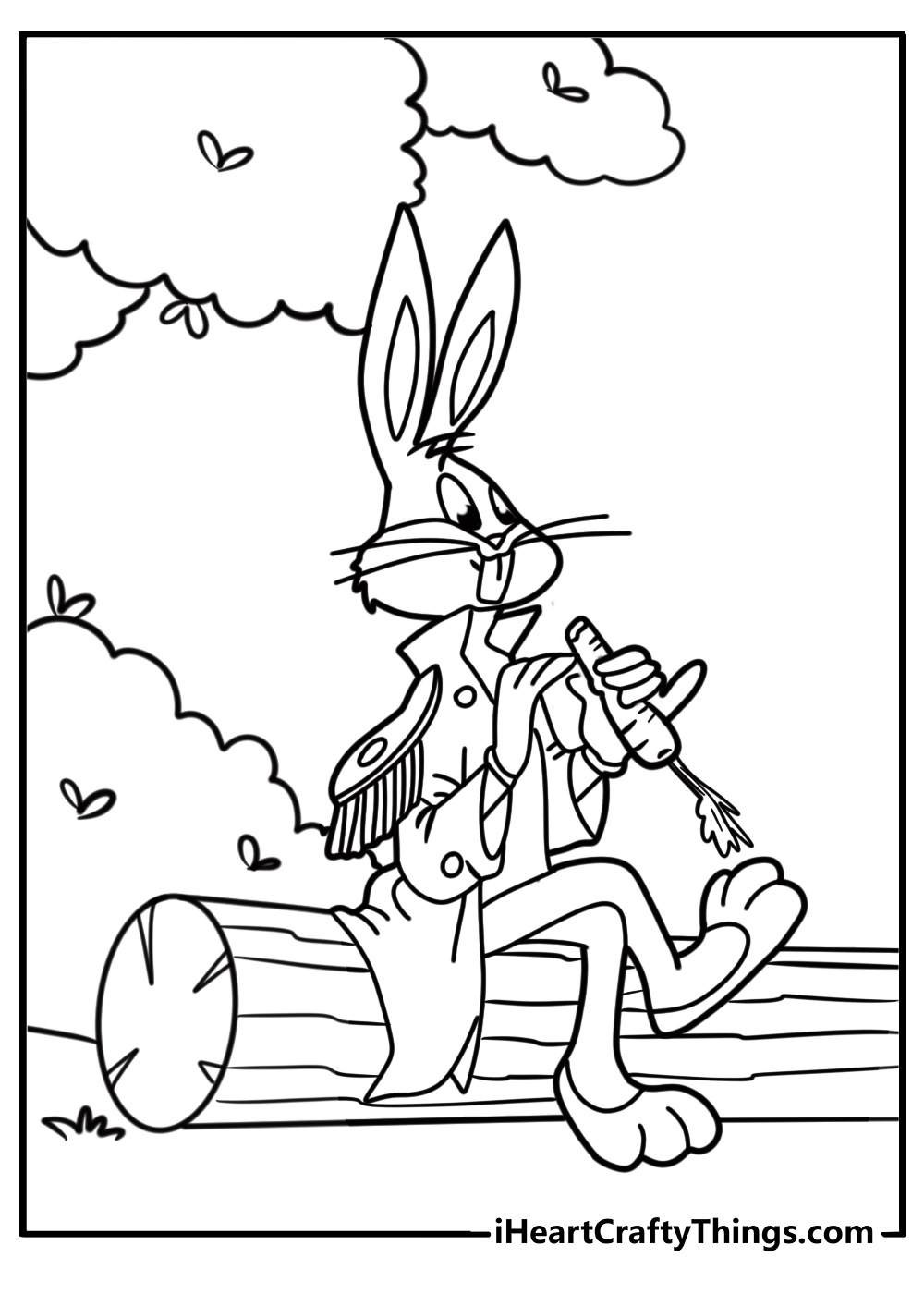 Bugs bunny sitting on a log and eating a carrot coloring sheet