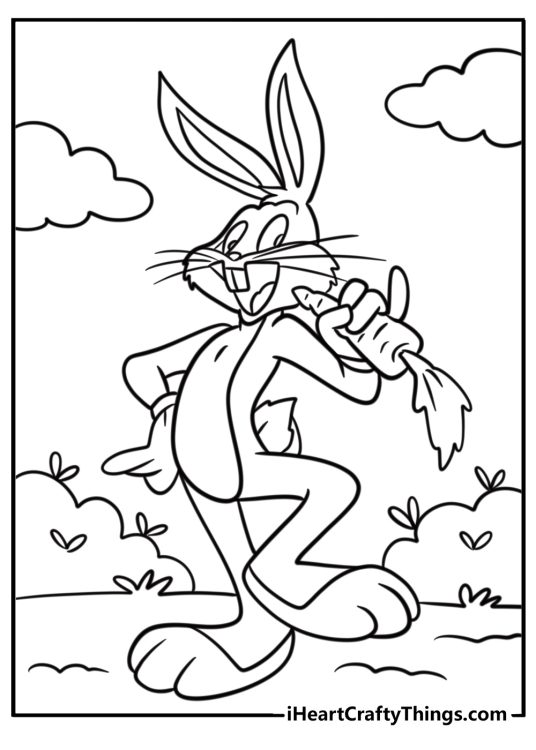 Bugs bunny smiling and holding a carrot coloring page