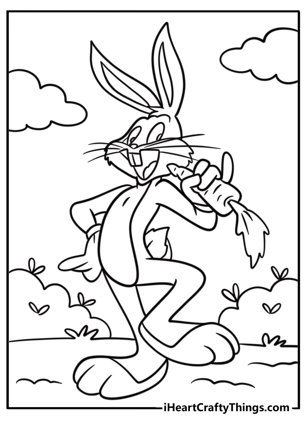 Bugs bunny smiling and holding a carrot coloring page