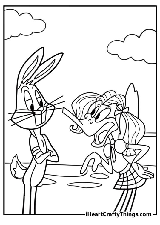 Bugs Bunny with Daffy Duck in a funny scene printable page