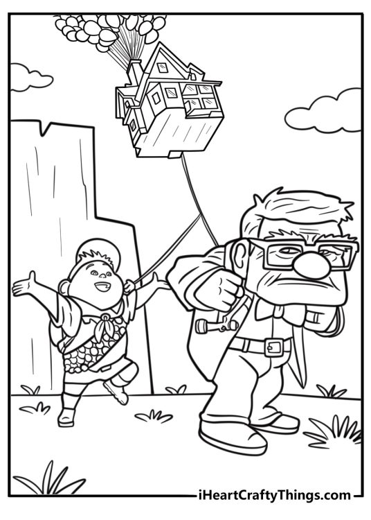 Carl and russell pulling the floating house fun coloring sheet