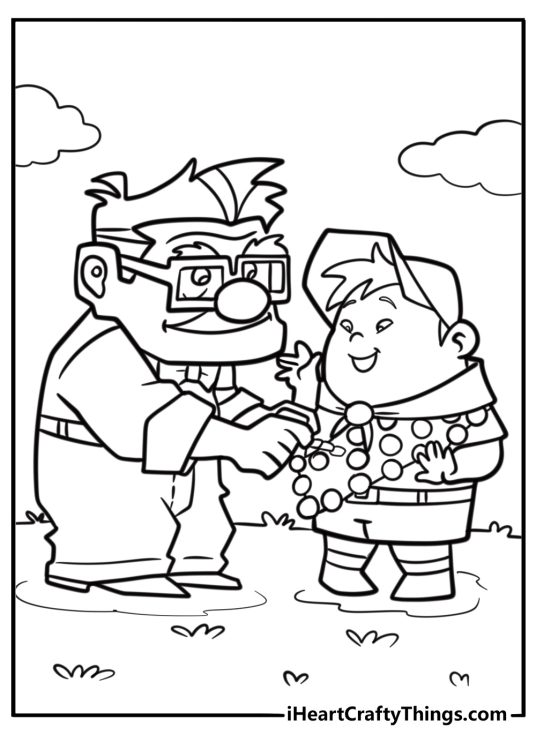 Carl handing russell the ellie badge fun up coloring sheet