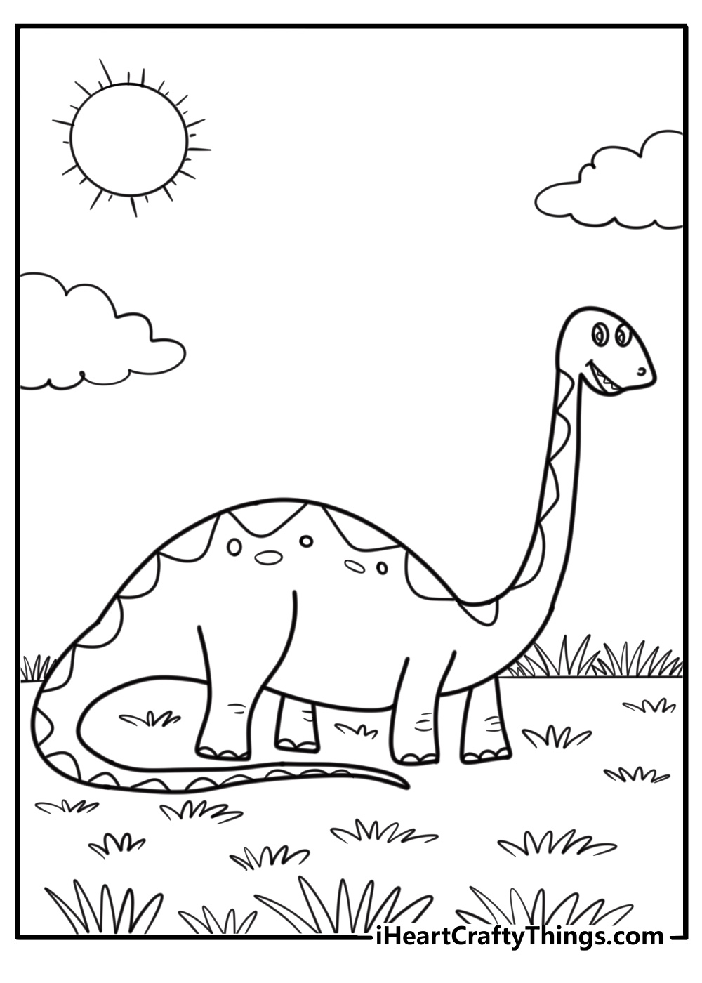 Cartoon brachiosaurus in a sunny meadow fun coloring sheet