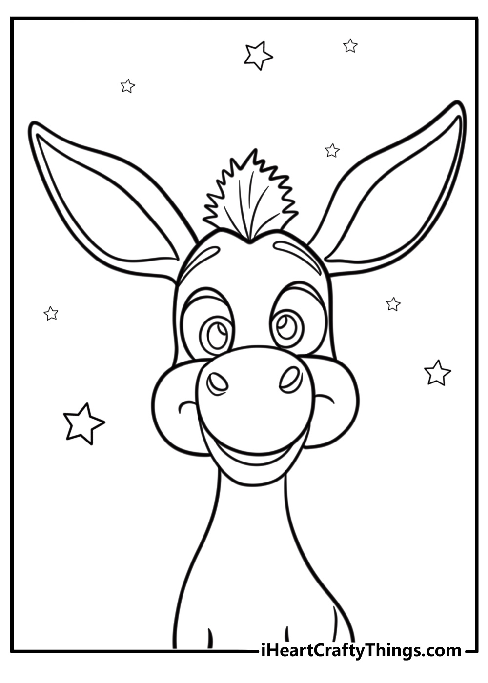 Cartoon donkey with large ears fun printable coloring sheet