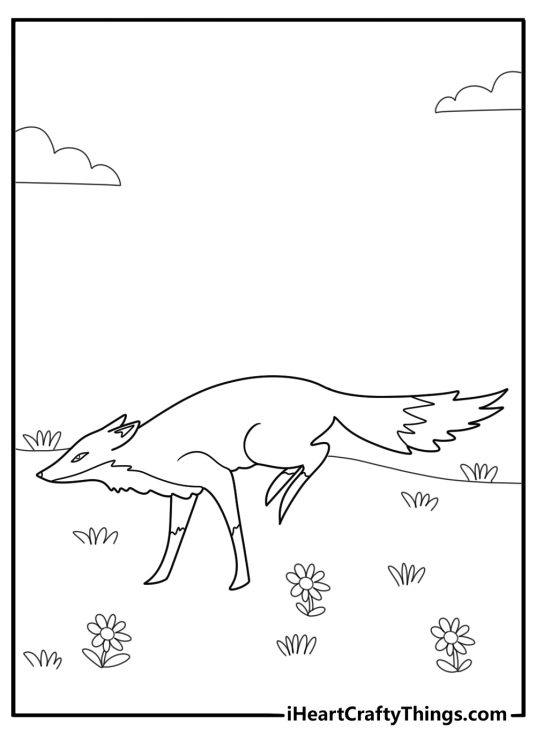 cartoon fox running through a meadow easy coloring page for kids