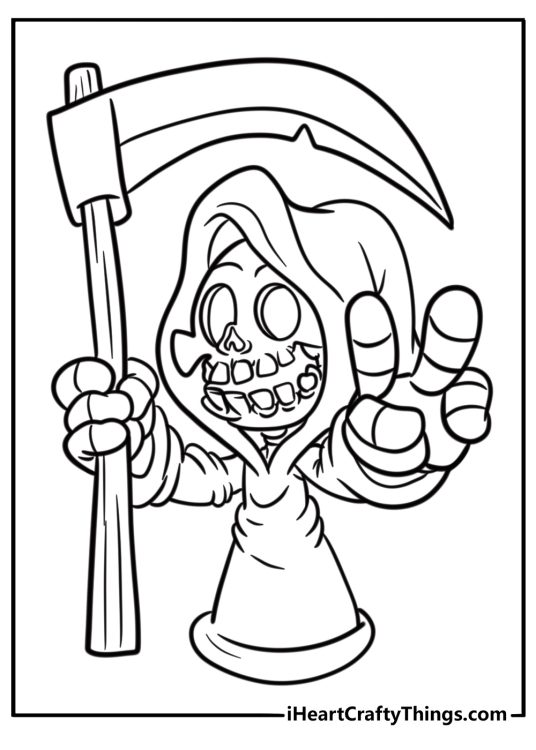 Cartoon Grim Reaper with a friendly smile free printable coloring page