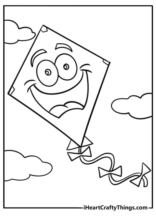 Cartoon kite with a happy face fun printable coloring page