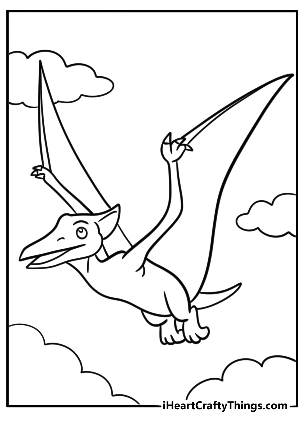 Cartoon pterodactyl flapping its wings fun coloring sheet for kids