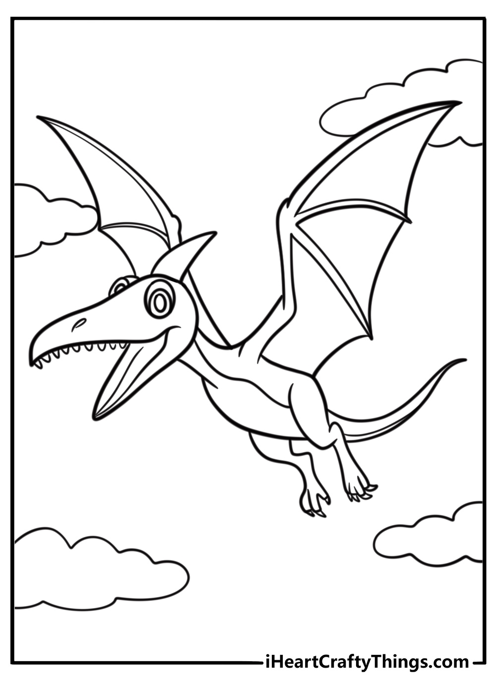 Cartoon pterodactyl with a big smile fun printable coloring sheet