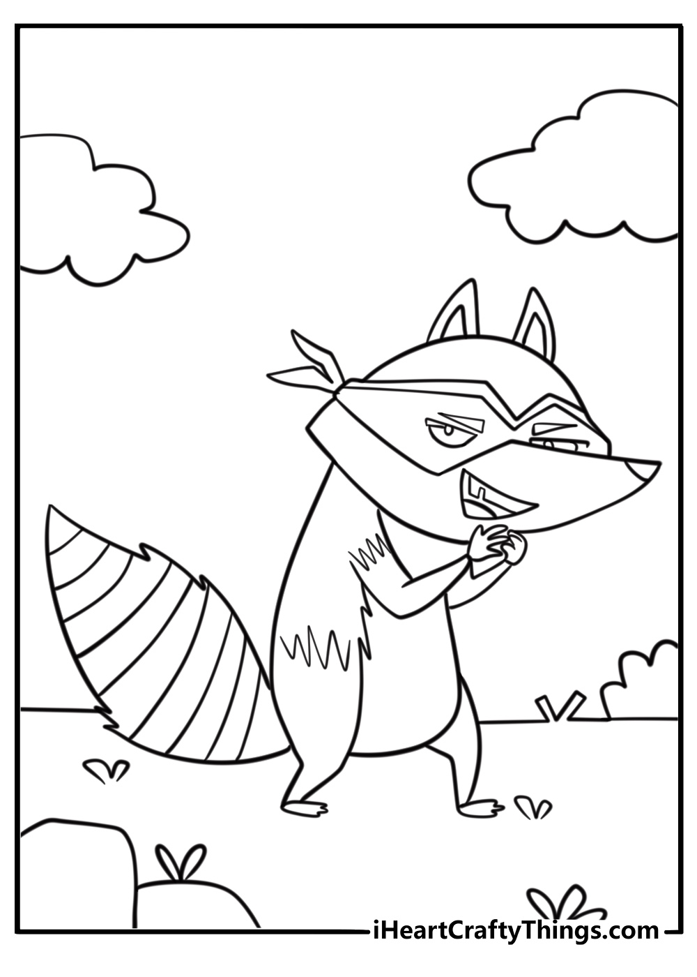 Cartoon raccoon wearing a bandit mask fun coloring sheet