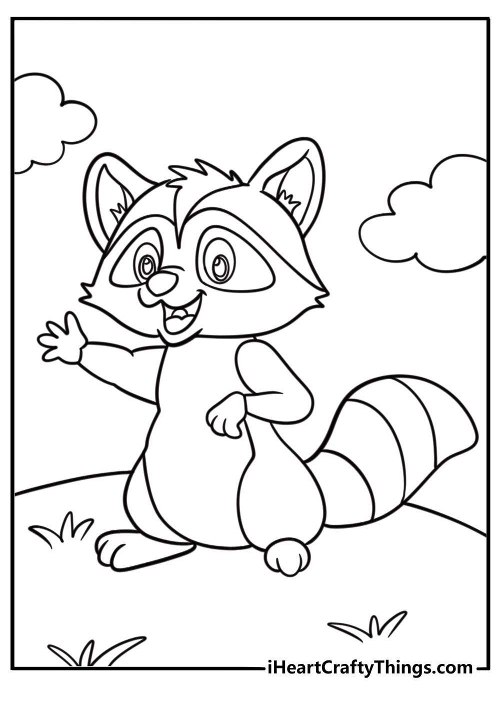 Cartoon raccoon with big eyes and a smile coloring page