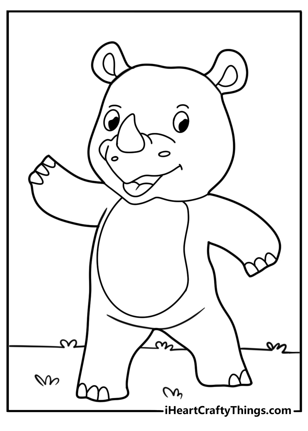 Cartoon rhino waving and smiling coloring page for kids