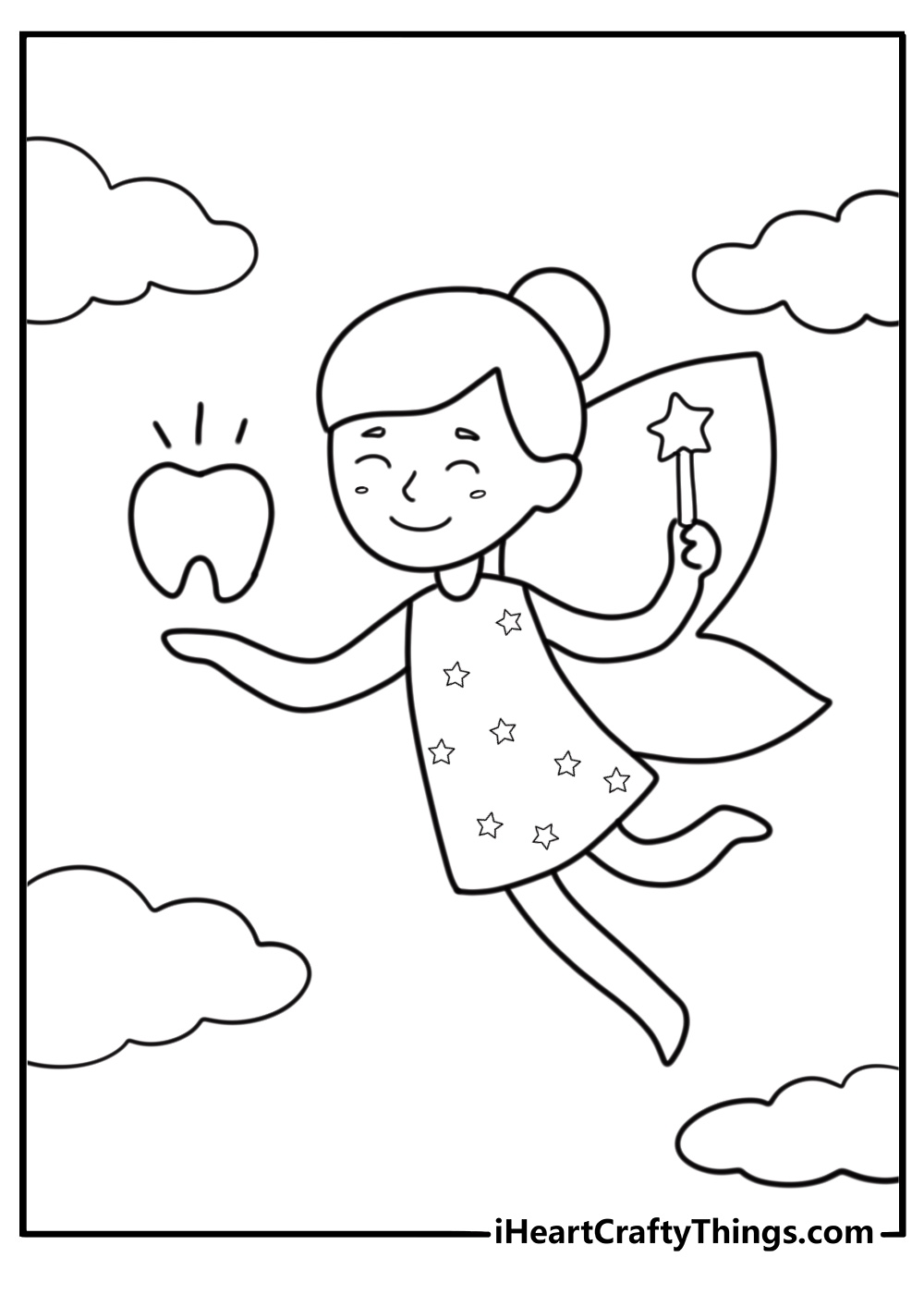 Cartoon tooth fairy waving her wand fun coloring sheet