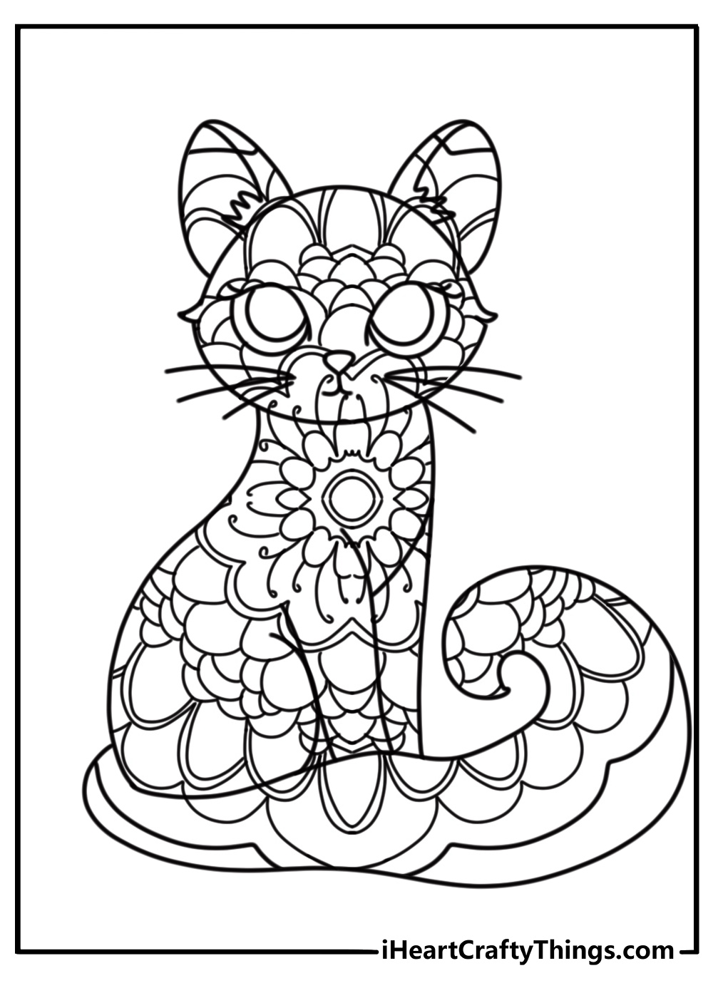 Cat mandala with ornamental designs coloring page for adults