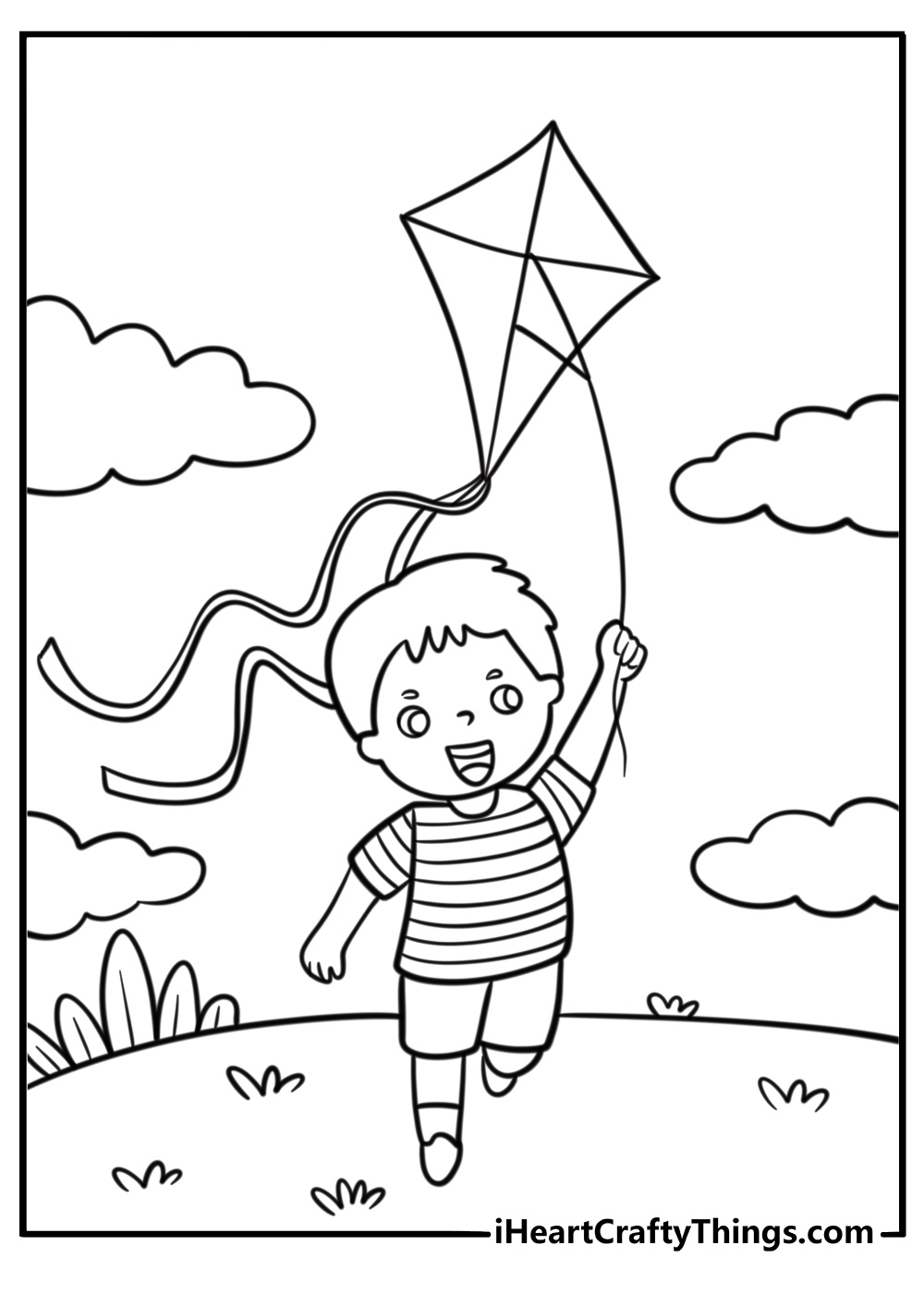 Child flying a kite in the park detailed coloring sheet