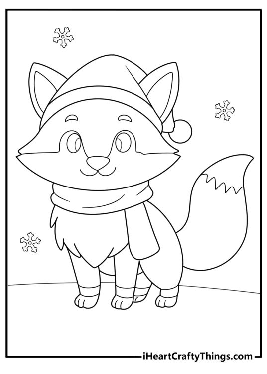 christmas fox wearing a scarf and hat winter coloring sheet