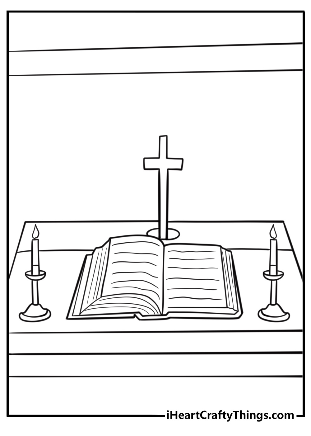 Church altar with candles and Bible detailed coloring sheet