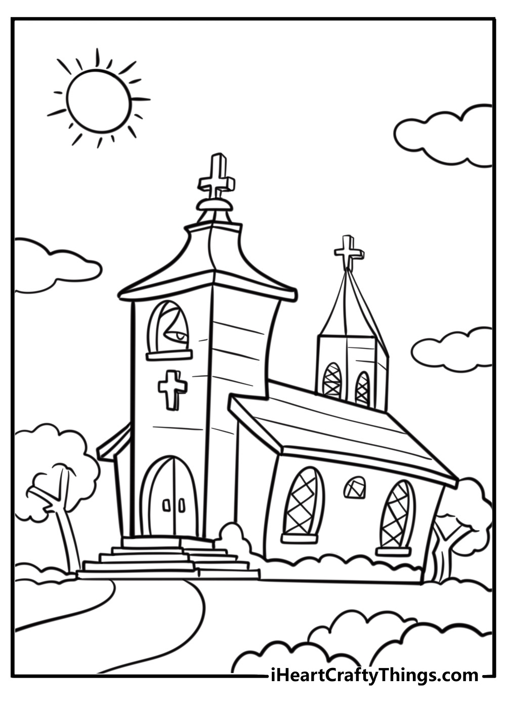 Church in a small town with trees detailed coloring sheet