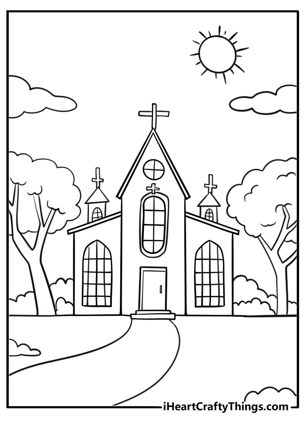 Church with a large wooden cross detailed coloring sheet